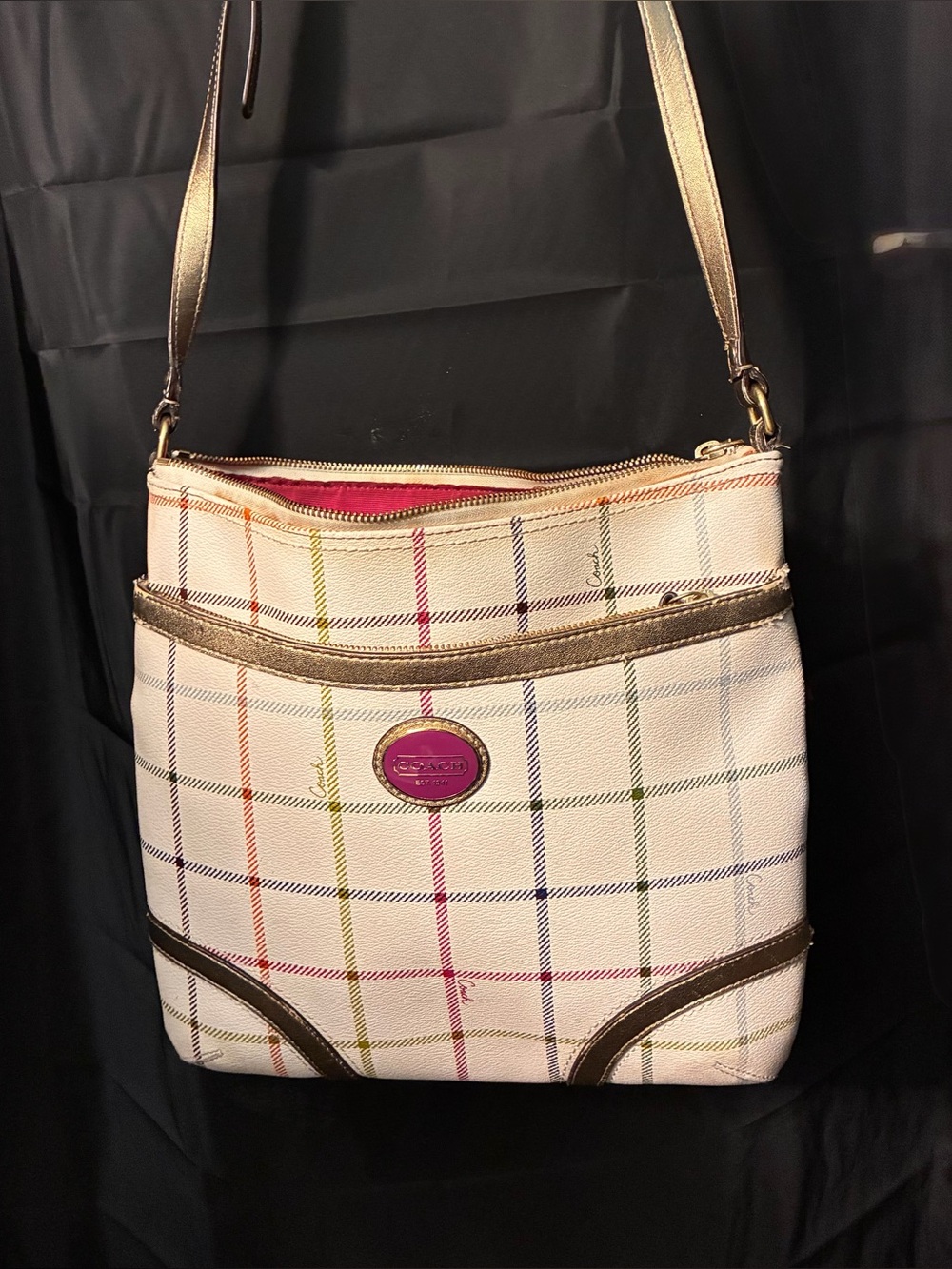 Coach White Plaid Crossbody Bag with Gold Trim and Pink Accent
